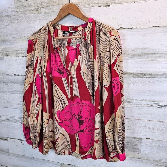 Zara Womens Tropical Floral V-Neck Top Medium Red Relaxed Beachy Coconut Girl - Picture 3 of 12